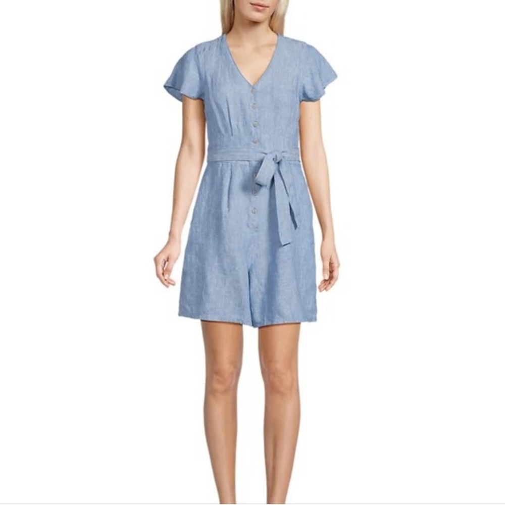 Lands End Linen Blue Button Down Romper 6 - Picture 1 of 8
